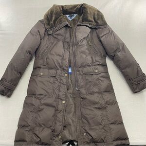 Tommy Hilfiger Long Puffer Jacket Sz S Women's Brown Down Insulated Coat Belted